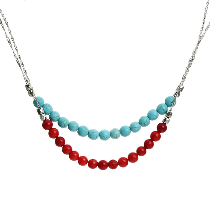 Round Natural Red Coral Lapis Lazuli Stone Bead Necklace