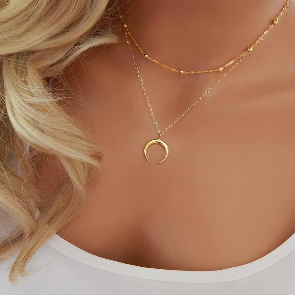 Double Horn Necklace with Crescent Moon