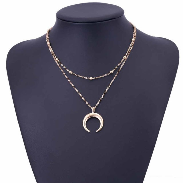 Double Horn Necklace with Crescent Moon