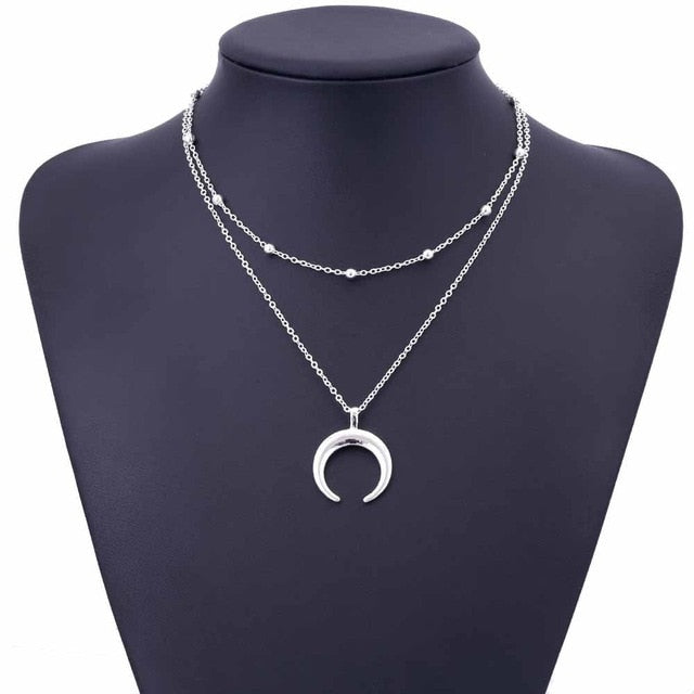 Double Horn Necklace with Crescent Moon